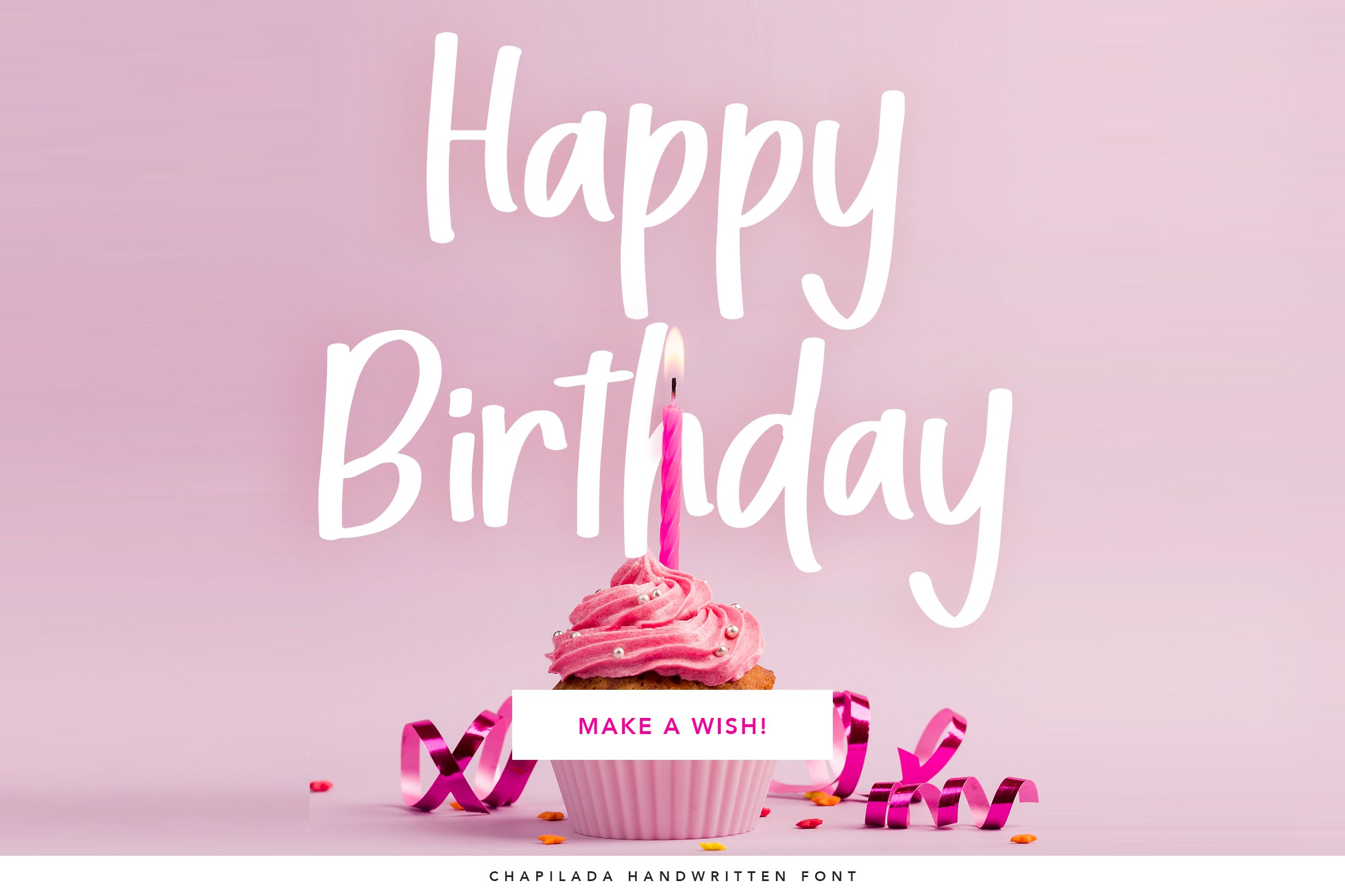 Pink background with the birthday cake and white font.