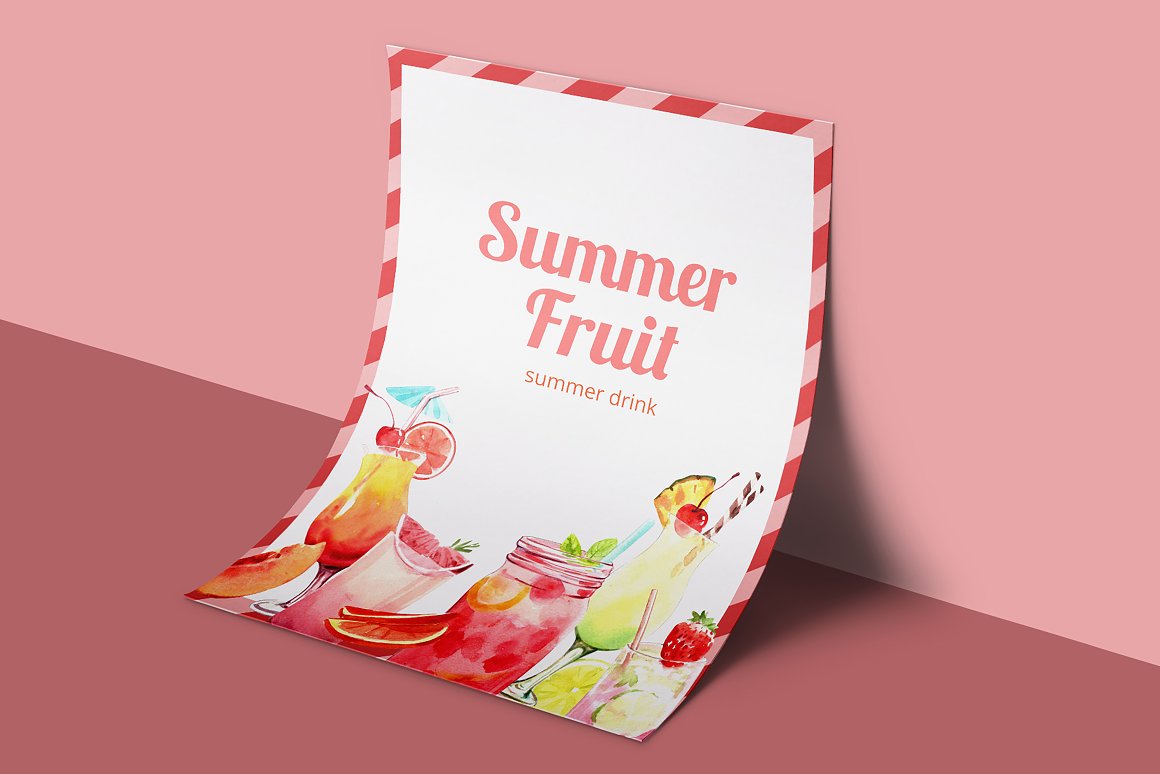 White poster with pink lettering "Summer Fruit" and different illustrations of drinks on a pink background.