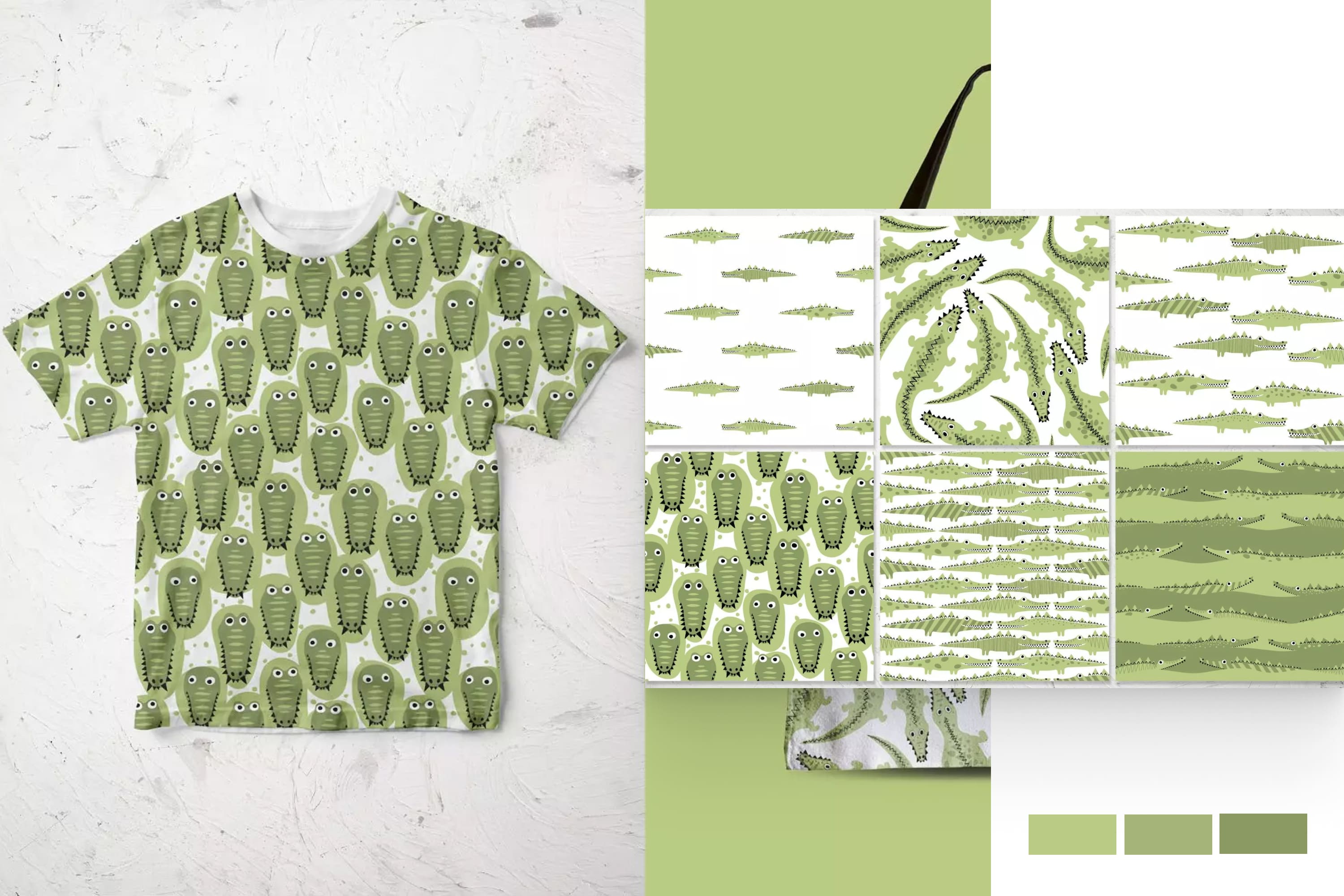 Collage of patterns with green animals.