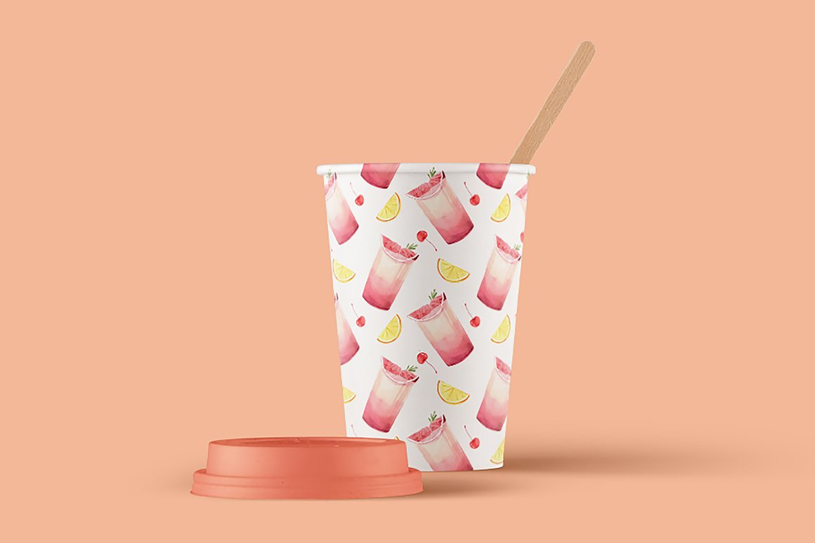 A white cup with illustrations of drinks on a pink background.