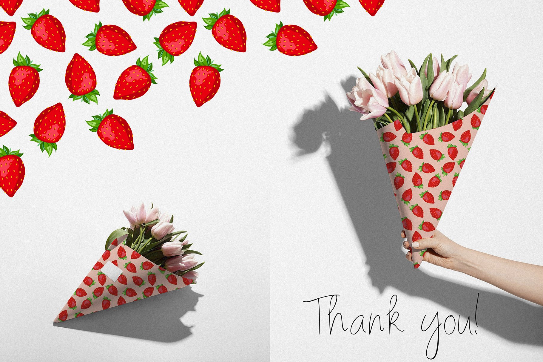 Tulips in pink wrapping paper with illustrations of a strawberry.