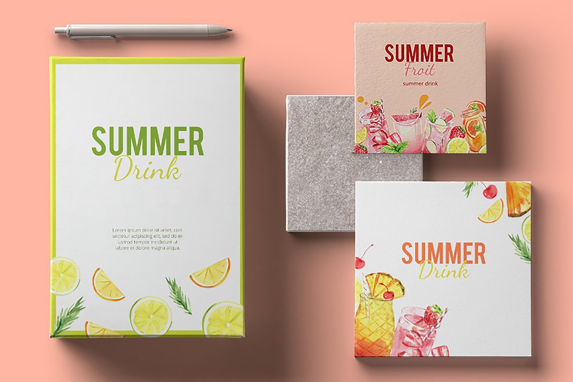 2 white cards and pink card with green, pink and orange lettering "Summer Drink" and illustrations of drinks on a pink background.