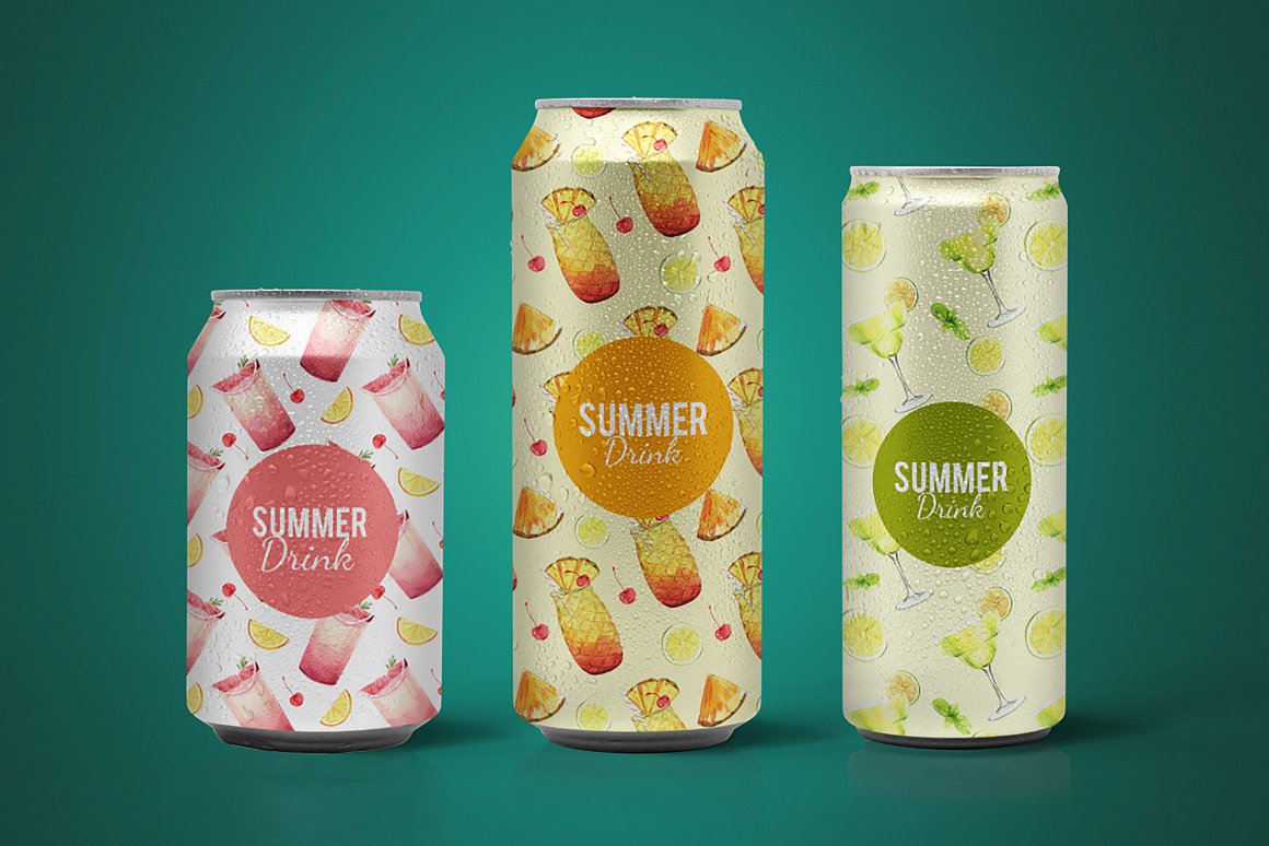 3 different cans in pink, orange and green with white lettering "Summer Drink" and illustrations of drinks on a turquoise background.