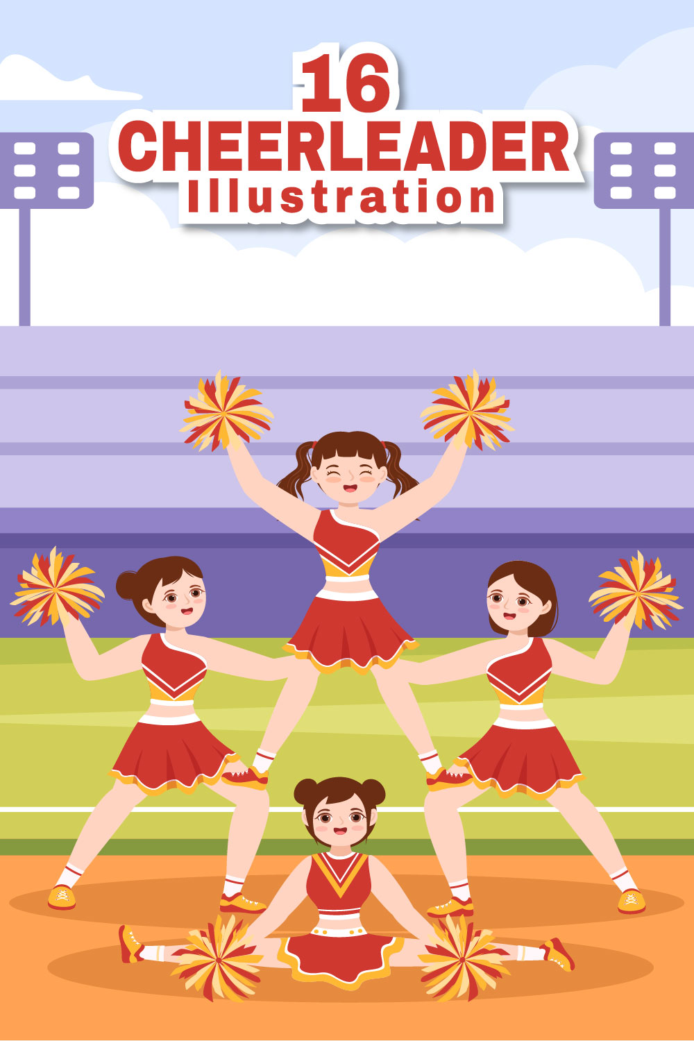 Colorful image with dancing girls cheerleaders in red outfits.