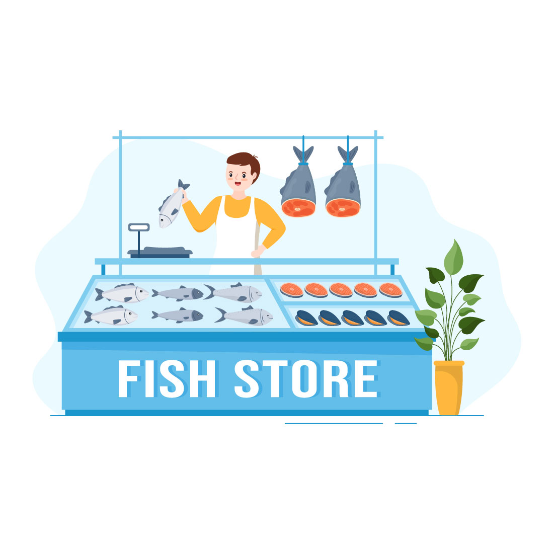 Fish Shop Cartoon Design Illustration cover image.