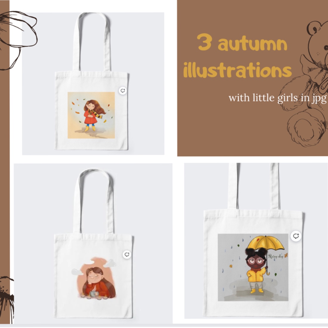 Set of images of bags with adorable print of little girls in the autumn season.