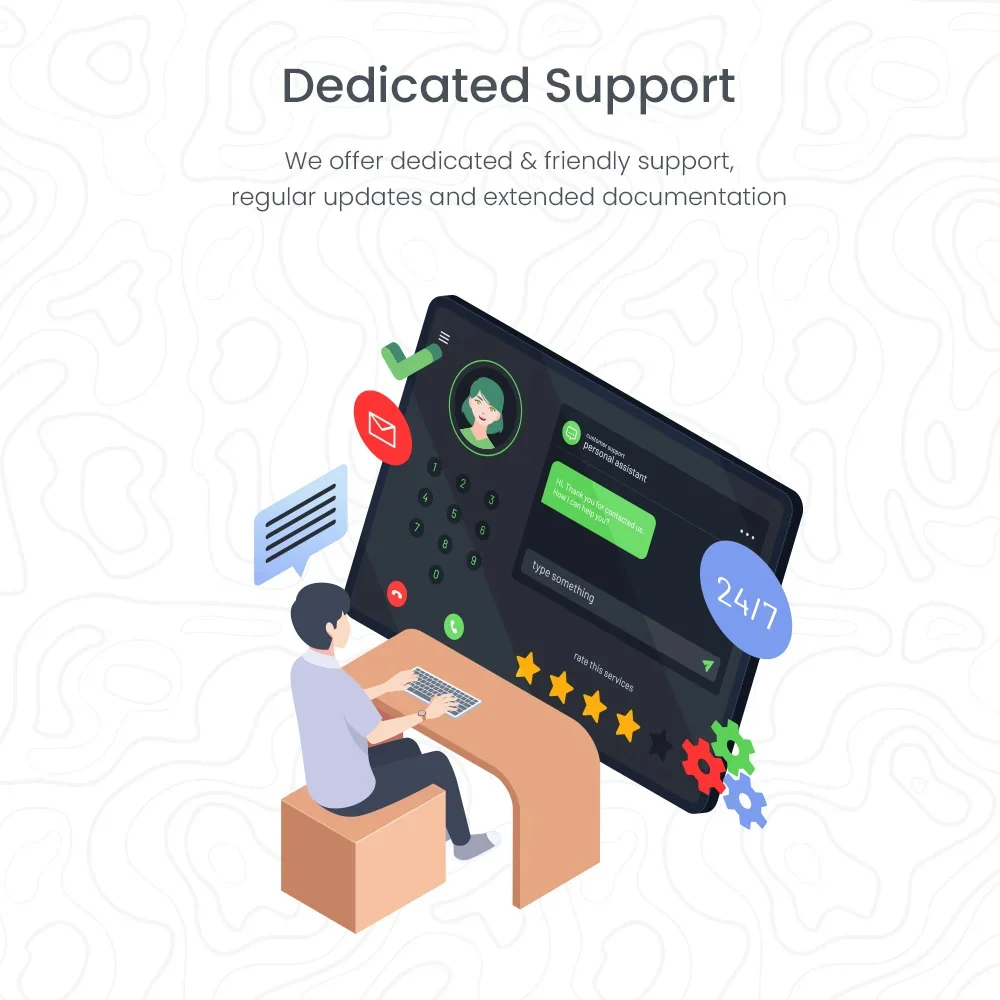 Black lettering "Dedicated Support" and colorful illustration of support on a white background.
