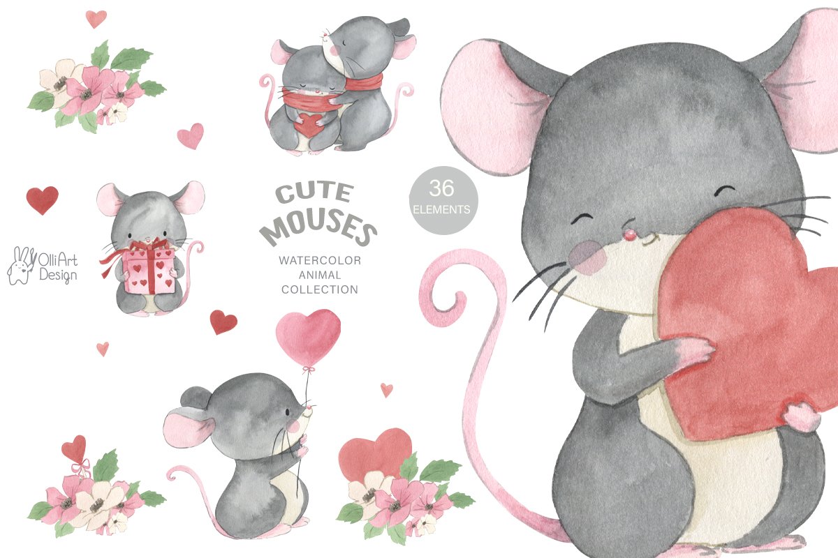 This is a watercolor animal collection with cute mouses.