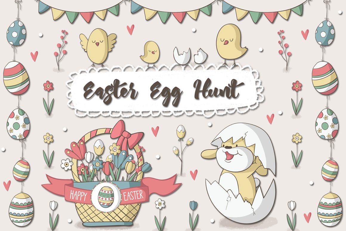 Black lettering "Easter Egg Hunt" and different easter illustrations on a gray background.
