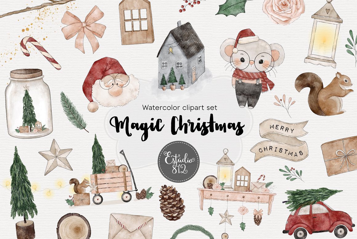 Black lettering "Magic Christmas" and different christmas watercolor illustrations on a gray background.