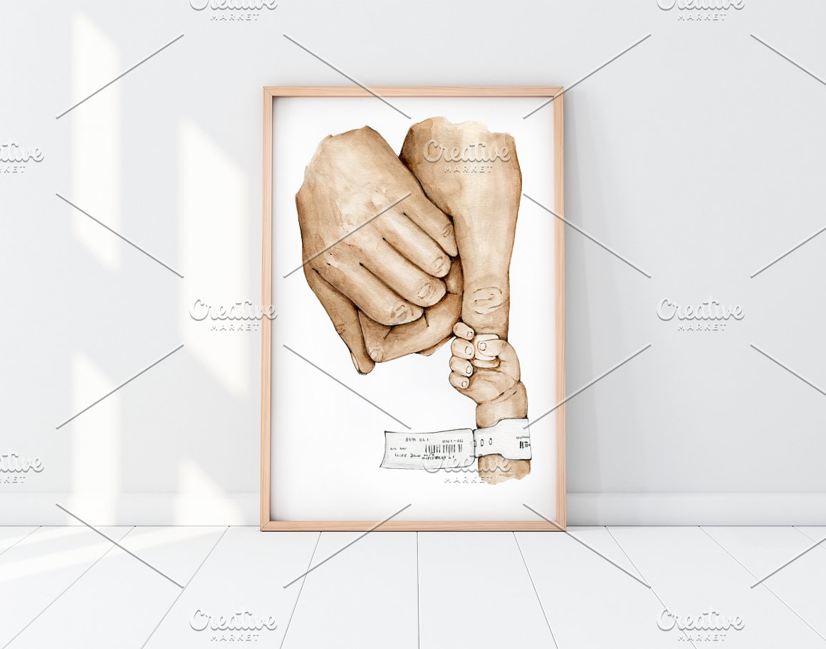 Painting of family preemie baby holding hands in wooden frame.