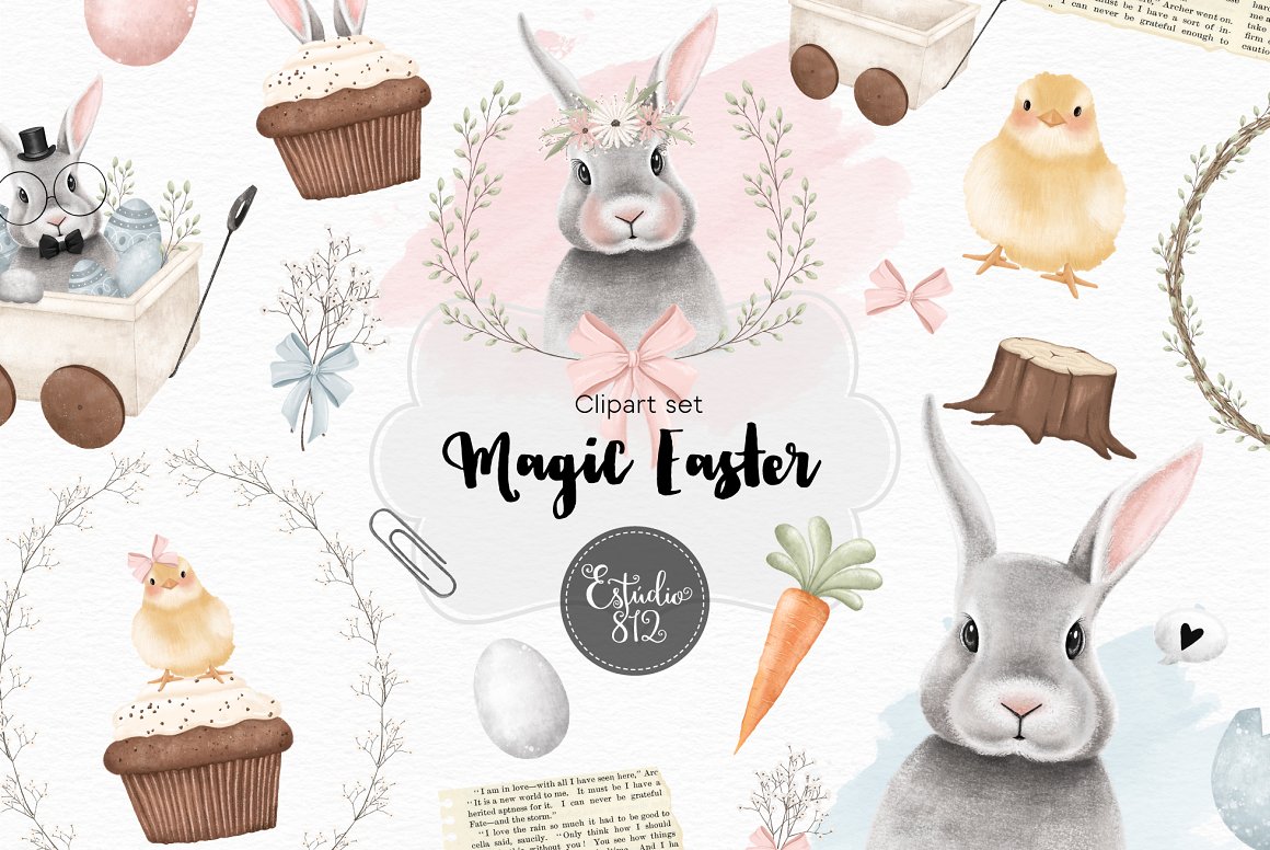 Black lettering "Magic Easter" and different easter illustrations on a white background.