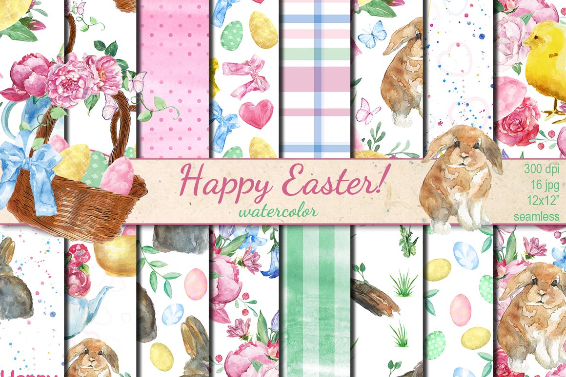 Pink lettering "Happy Easter!" and 16 different easter seamless patterns.