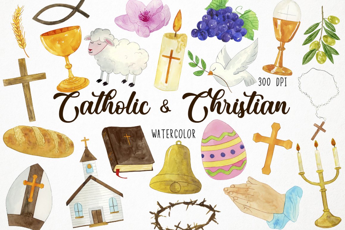 Black lettering "Catholic & Christian" and different watercolor illustrations of a catholic easter on a gray background.