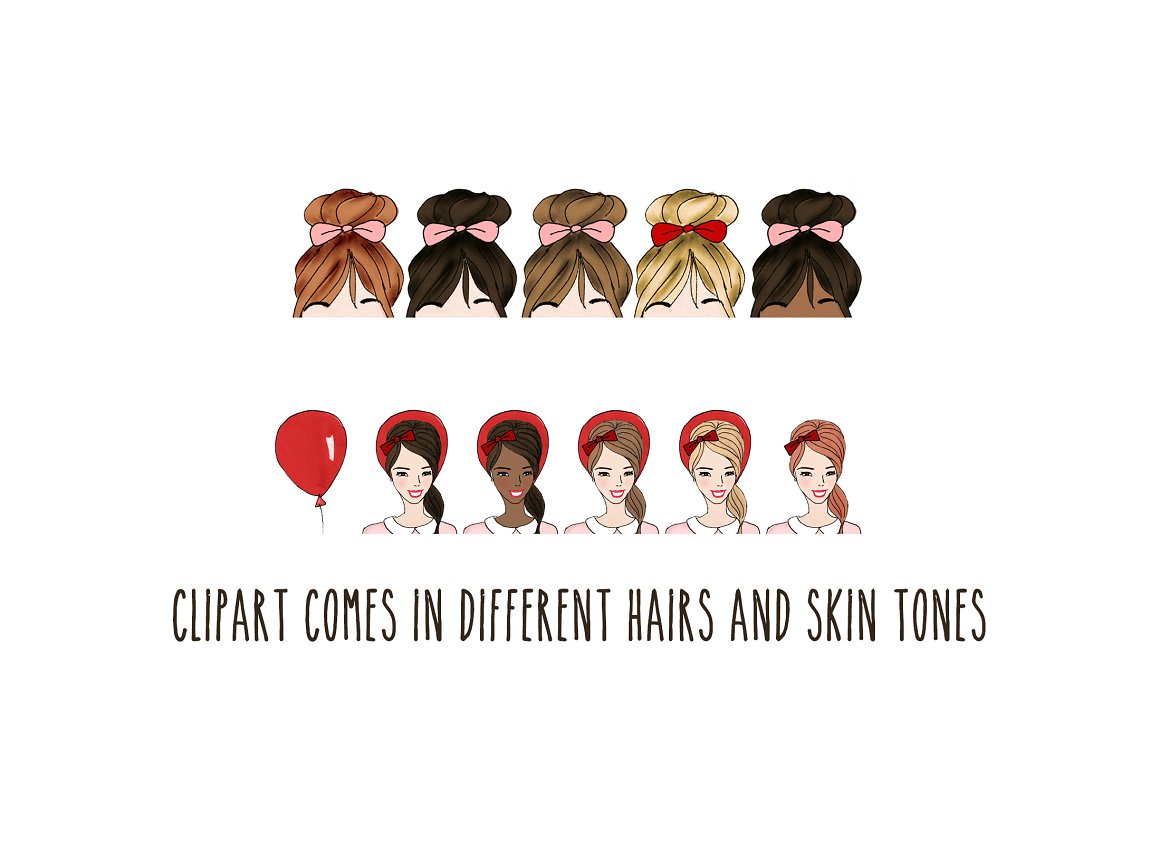 A set of 5 different hairs and 5 different skin tones on a white background.