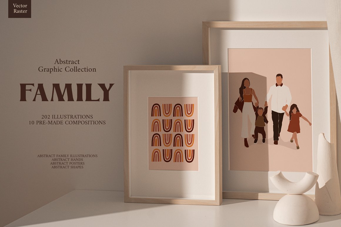 2 painting with abstract shapes and family illustration in wooden frames.