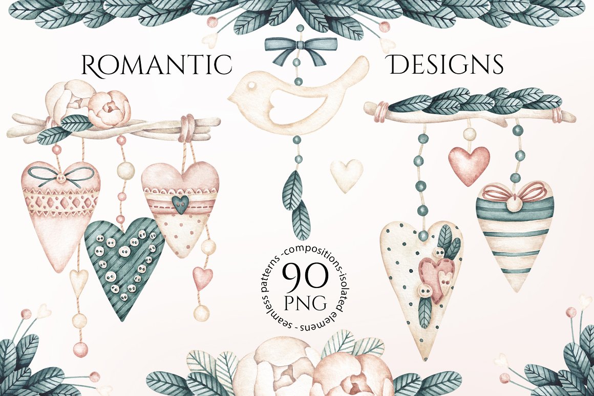 Black lettering "Romantic Designs" and different illustrations of valentine's day.