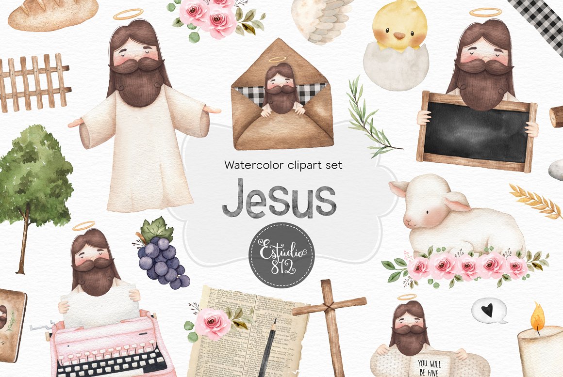 Gray lettering "Jesus" and different watercolor illustrations of a Jesus on a white background.