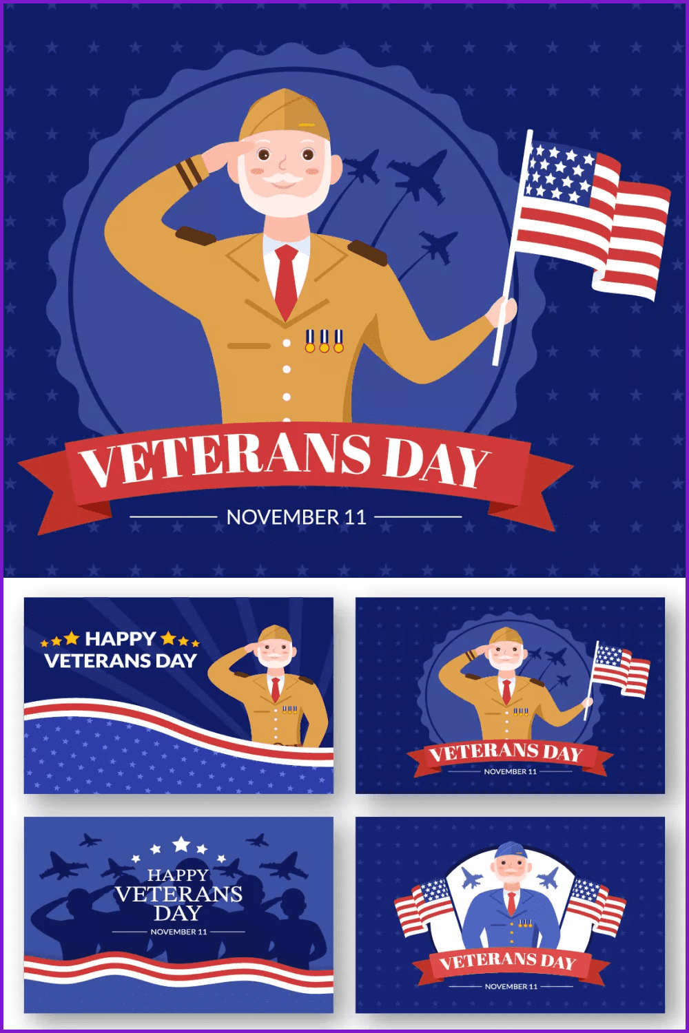Collage of images with grandfather in military uniform with american flag on blue background.