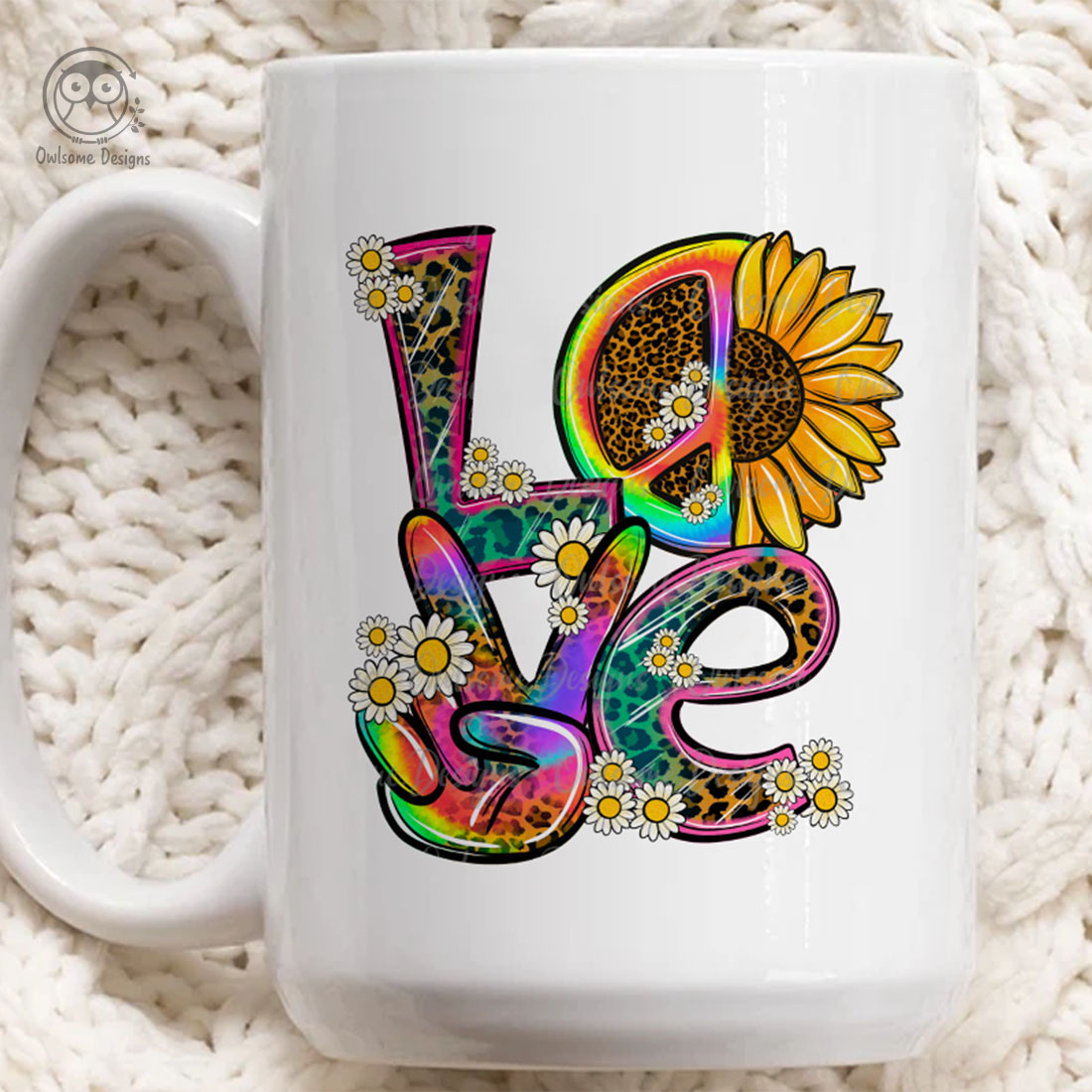 Image of a cup with a beautiful inscription love in the style of a hippie.