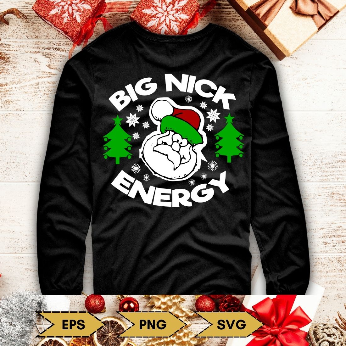 Image of a black sweatshirt with a beautiful print with Santa.