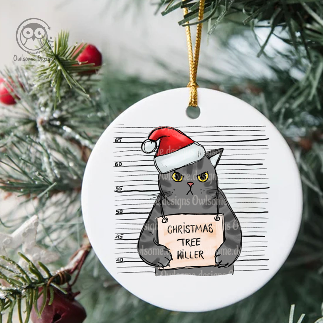 An image of a New Year's toy with a print of a criminal cat in a santa hat.