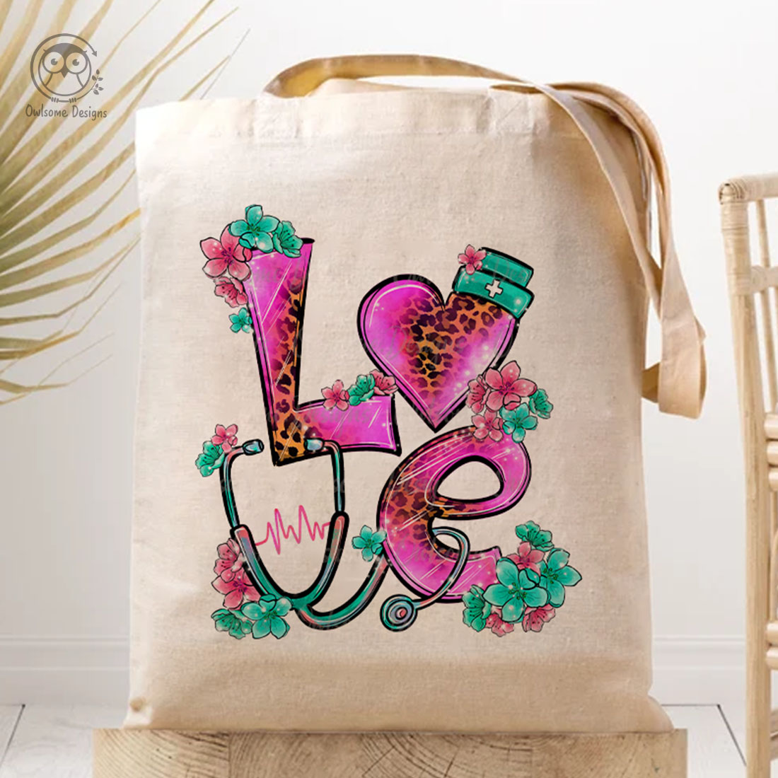 Image of bag with colorful inscription Love with nurse accessories.