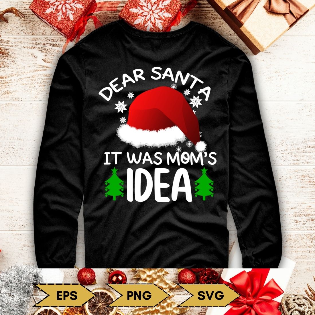 Image of a black sweatshirt with a gorgeous print on the Christmas theme.