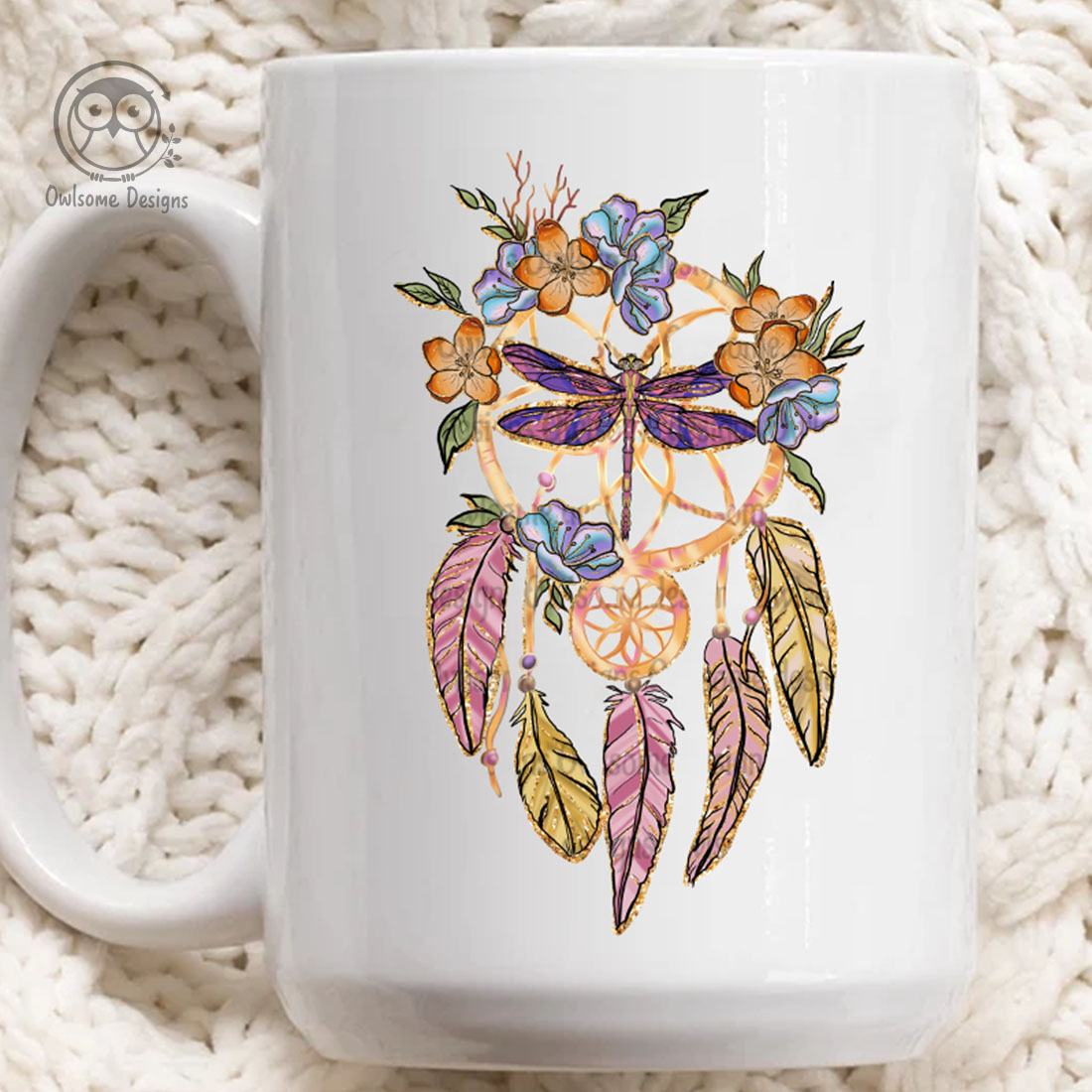 Image of cup with beautiful dragonfly print and dream catcher with flowers.