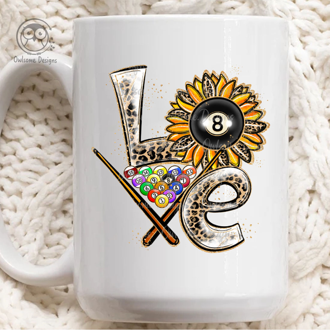 Image of a white cup with a magnificent inscription Love with billiard elements.