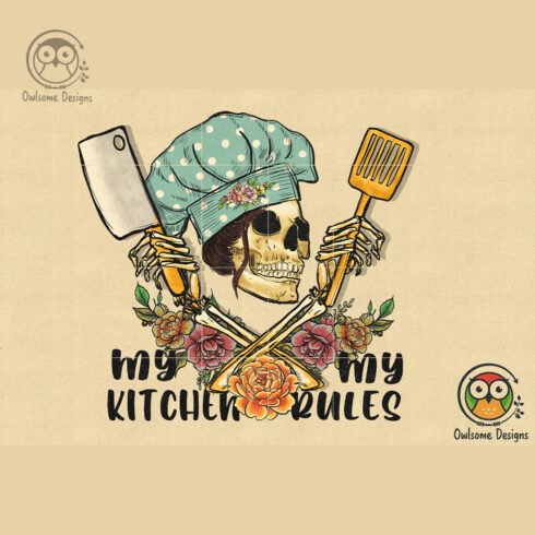 Gorgeous image of a skeleton with kitchen accessories.