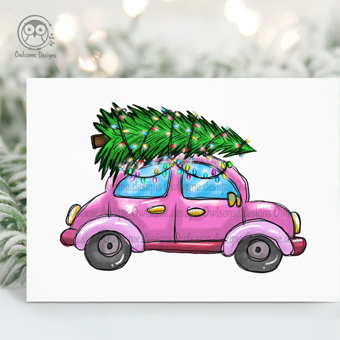 A beautiful image of a car with a Christmas tree on the roof.