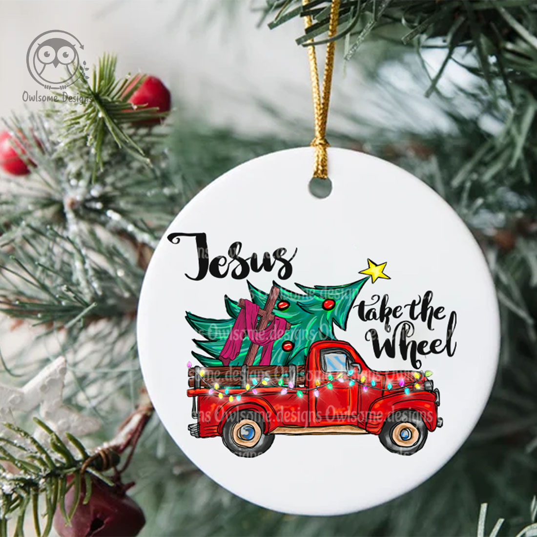 Christmas Tree Decor Jesus Take The Wheel Sublimation Design cover image.