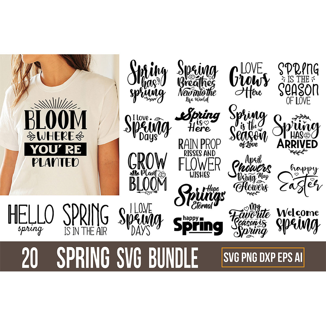 Pack of enchanting black images for prints on the theme of spring.