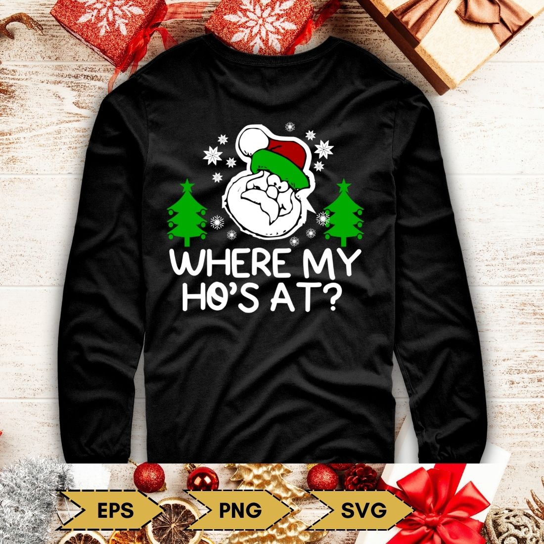Picture of a black sweatshirt with a cute print on the Christmas theme.