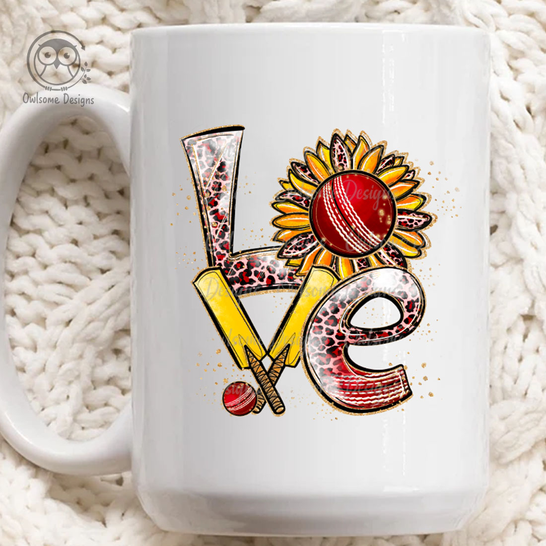 Image of a white cup with a charming inscription Love with elements of cricket.