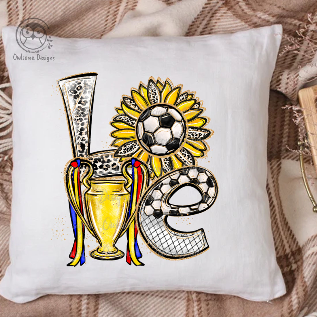 The image of a white pillow with an irresistible inscription Love with soccer elements.