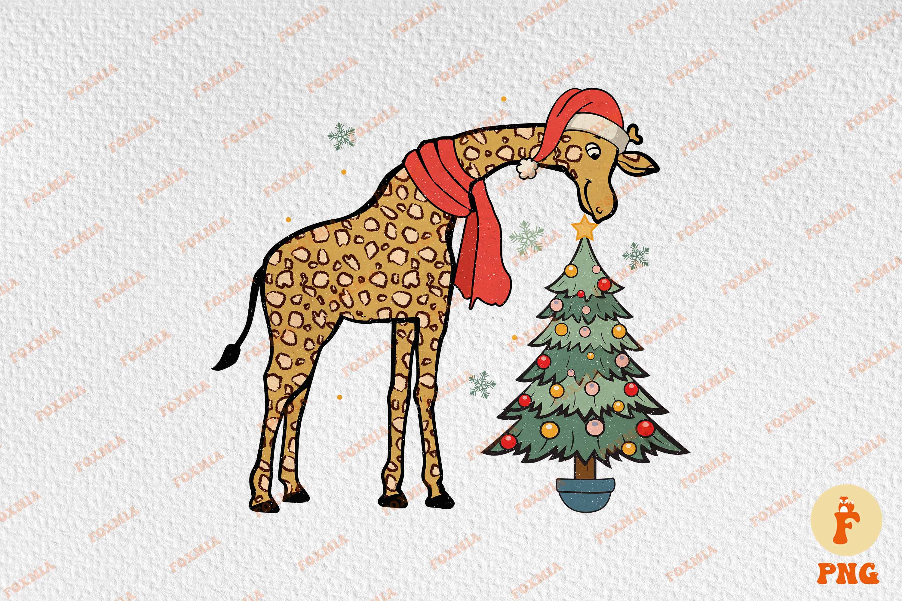 Gorgeous image with a giraffe near the New Year tree.
