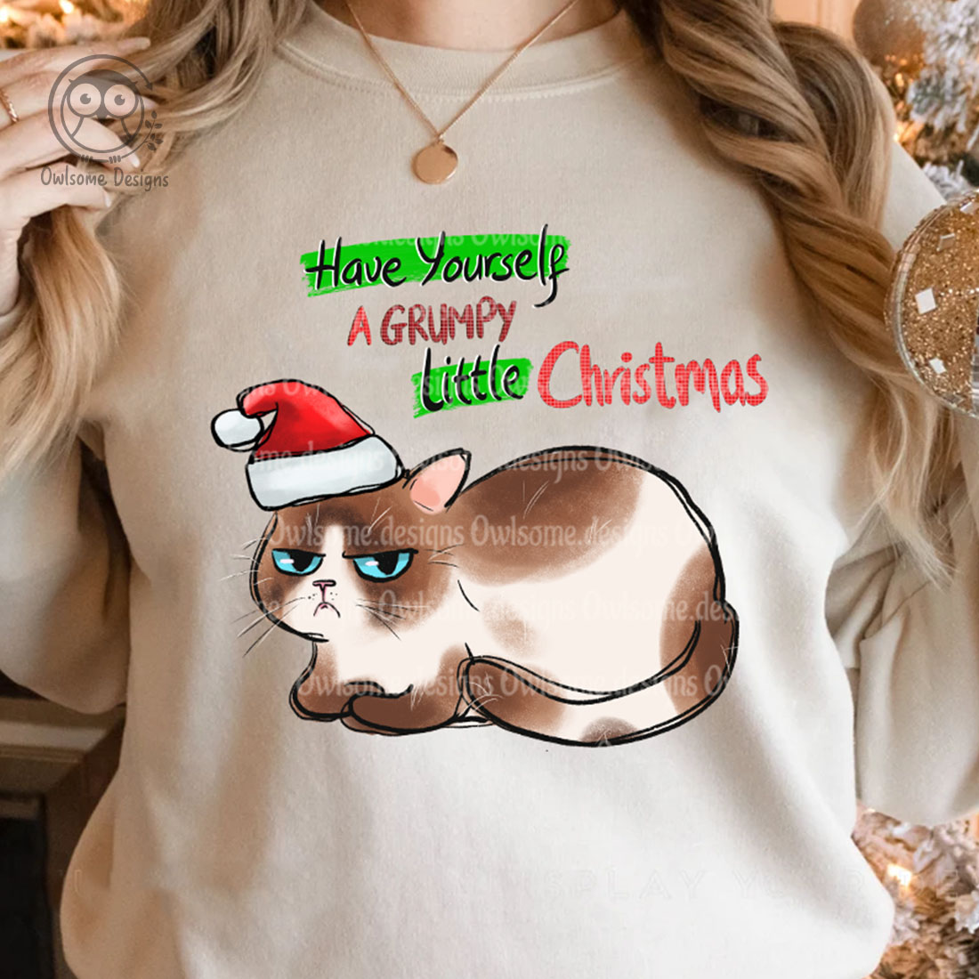 Image of a sweatshirt with an irresistible print of a cat in a Santa hat.