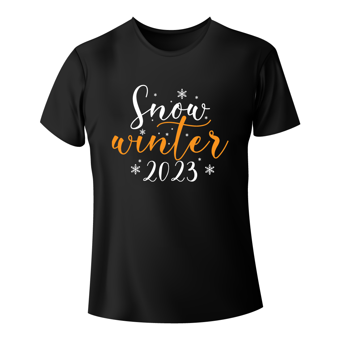 Picture of a black t-shirt with gorgeous Snow Winter 2023 print.