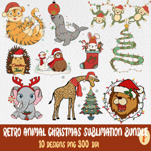 Collection of cartoon images of animals in Christmas hats.