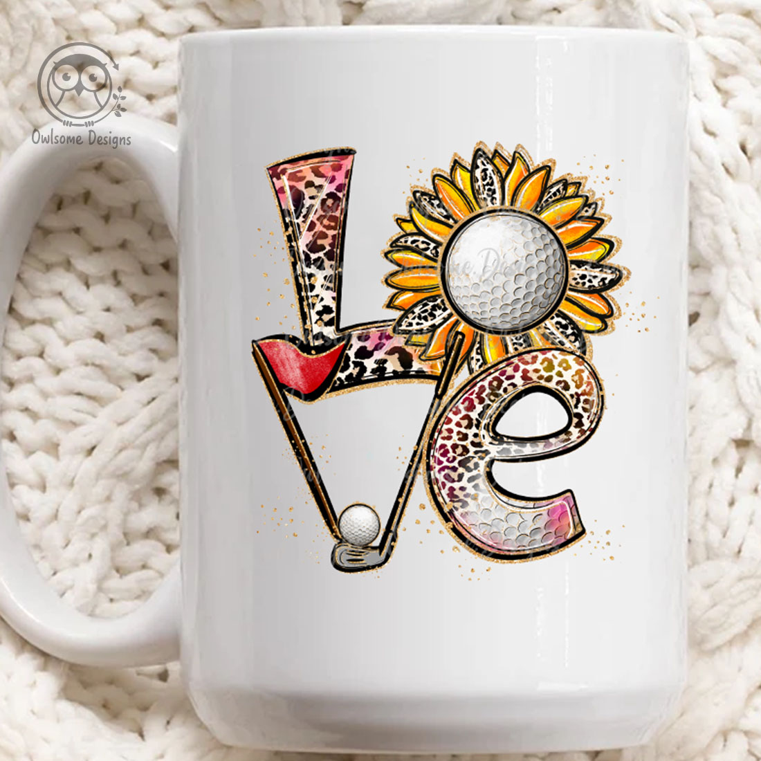 Image of a white cup with a unique inscription Love with golf elements.