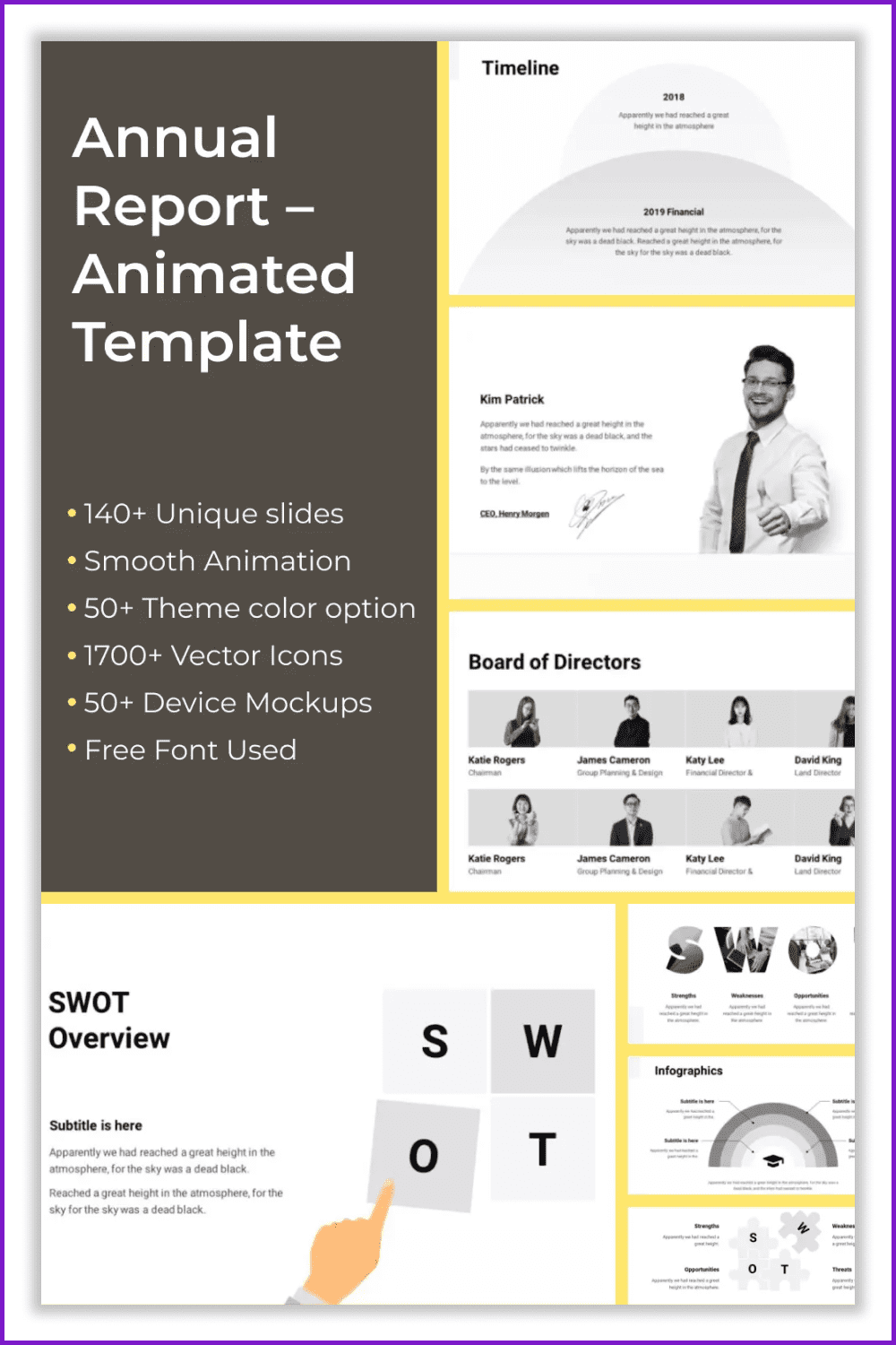 Collage of presentation pages with white background and gray photos.