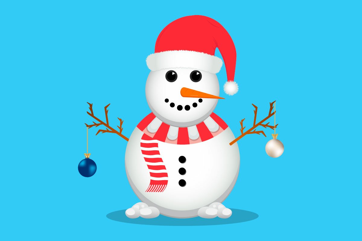 Happy snowman with Christmas balls on a blue background.