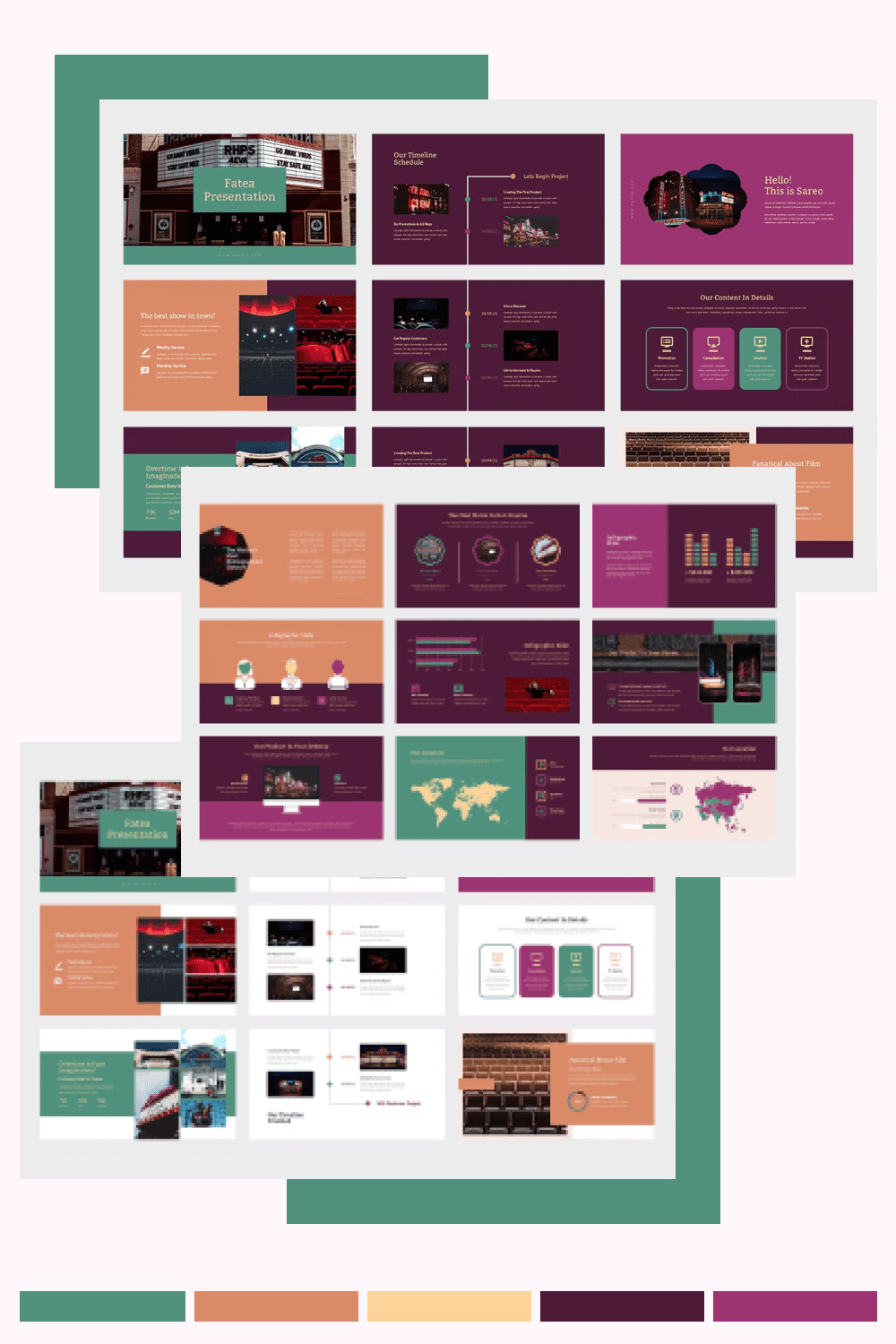 Collage of presentation pages with orange, purple, pink backgrounds and large infographics.