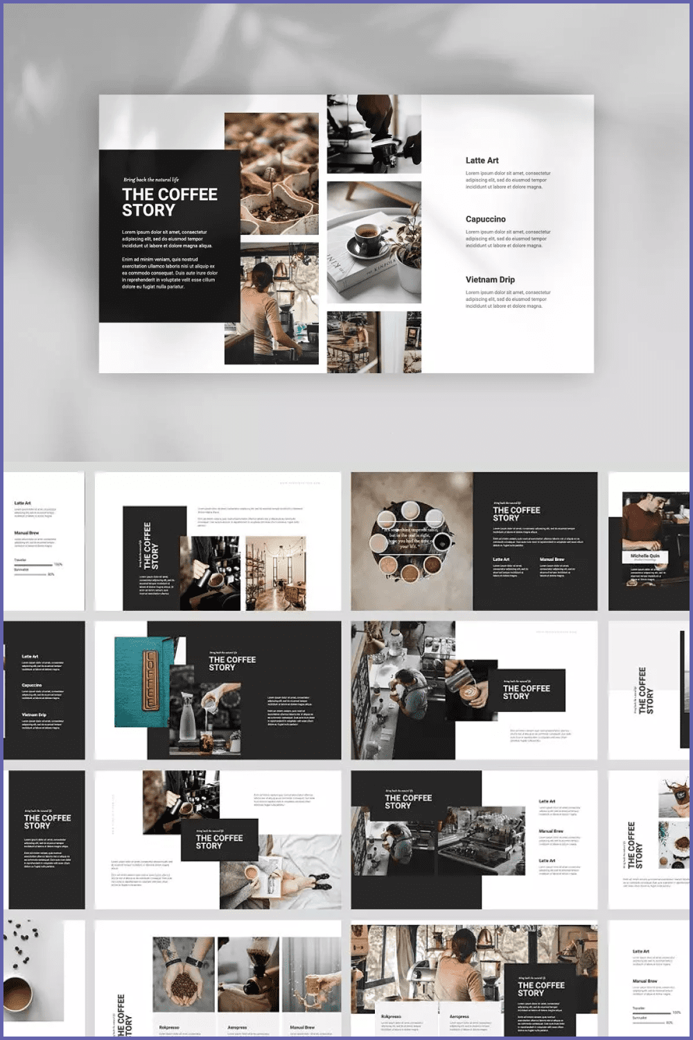 Collage of presentation pages with images of coffee, cups of coffee with a white background and black accents.