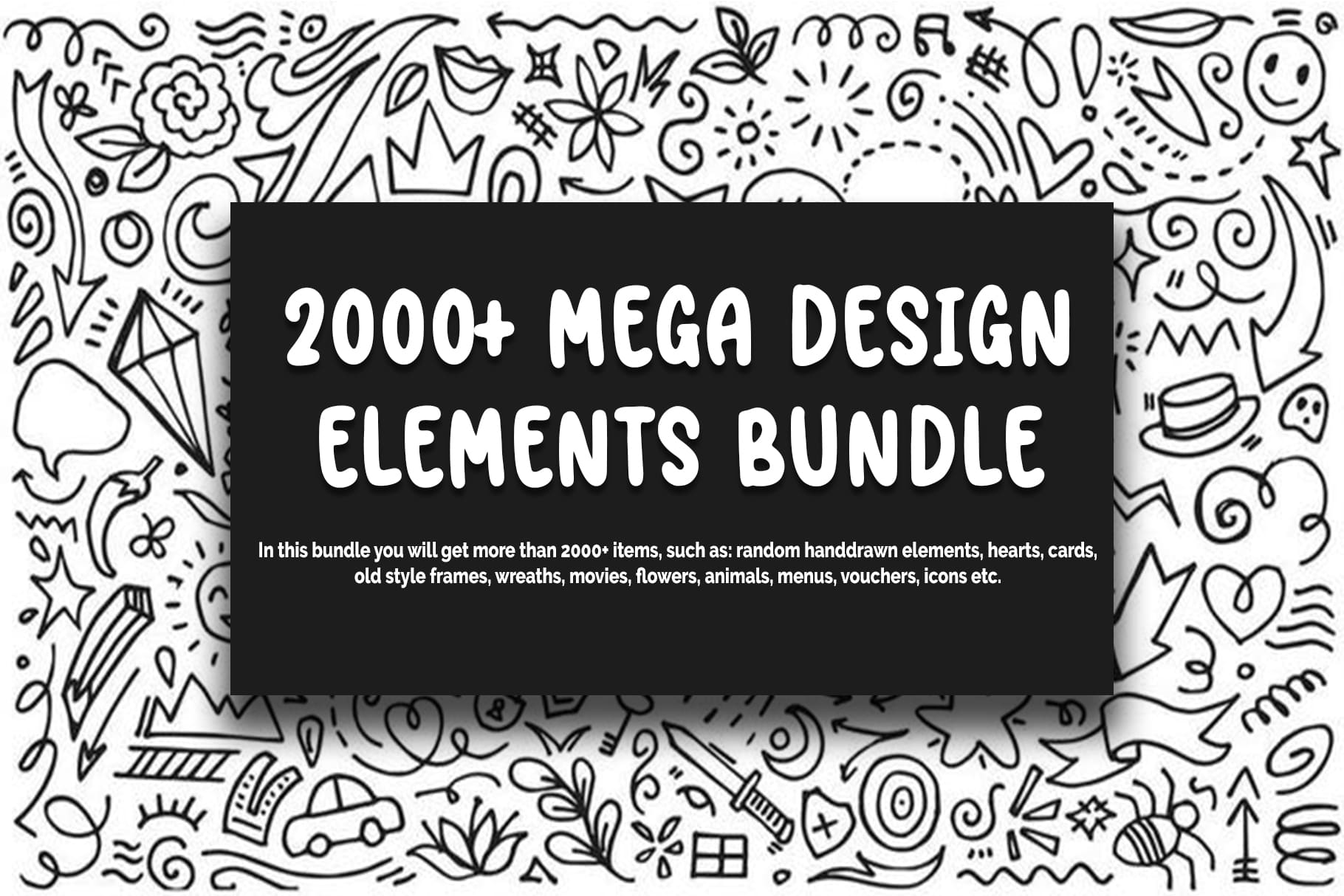 White lettering "2000+Mega Design Elements Bundle" on a black background and different clack illustrations on a white background.