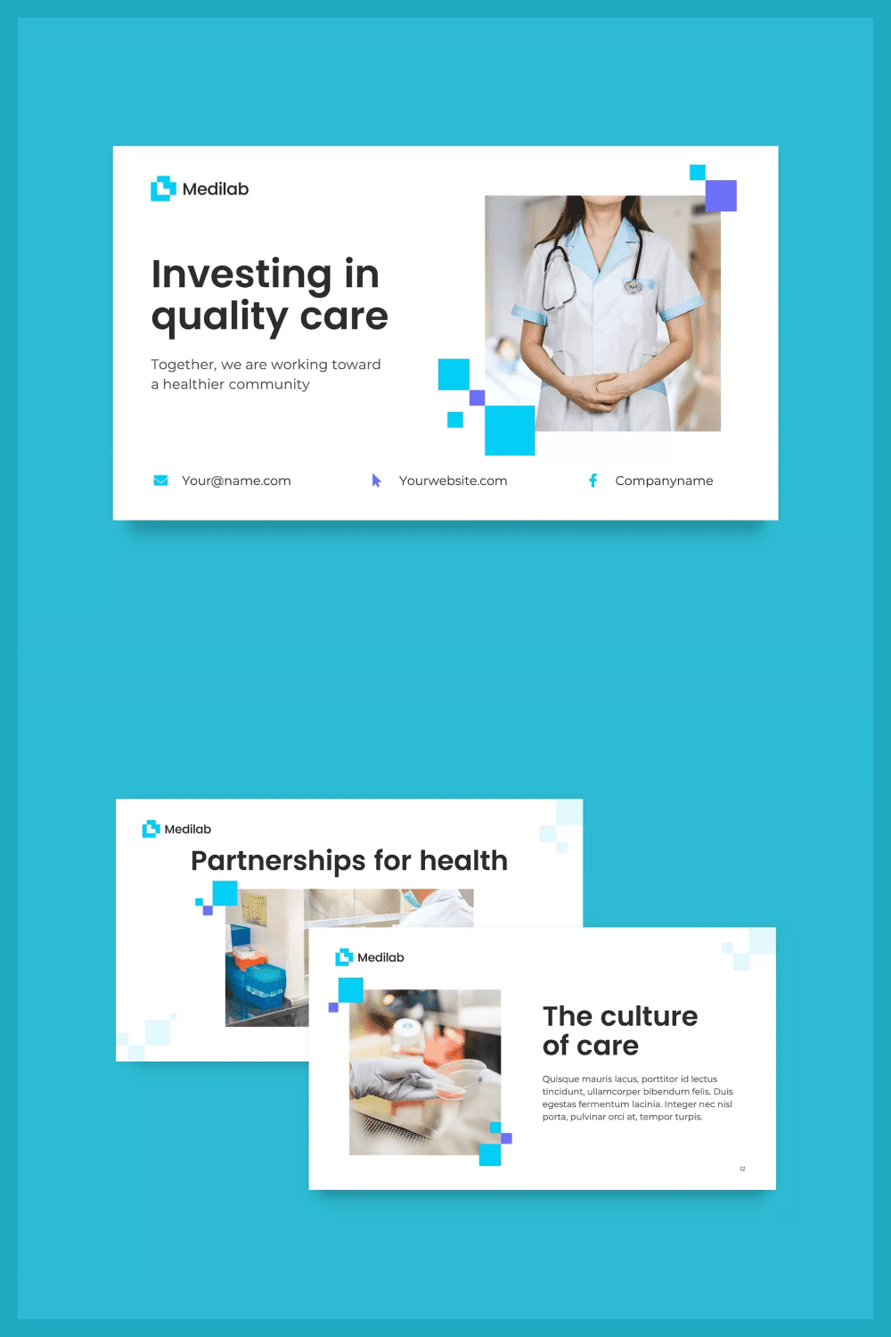 Collage of presentation pages with a photo of a nurse and a photo of a clinic.