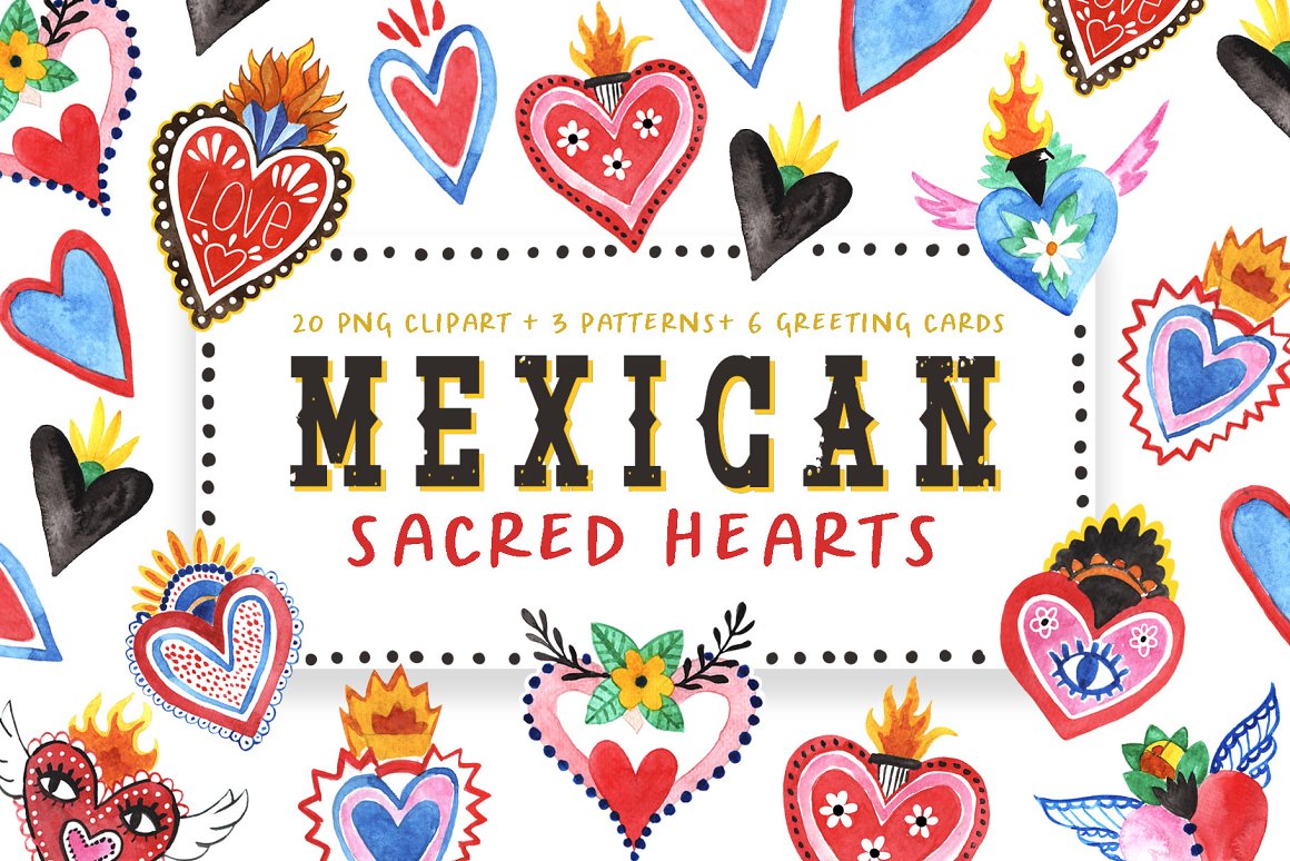 Black-red lettering "Mexican Sacred Hearts" and different hand-painted mexican hearts on a white background.