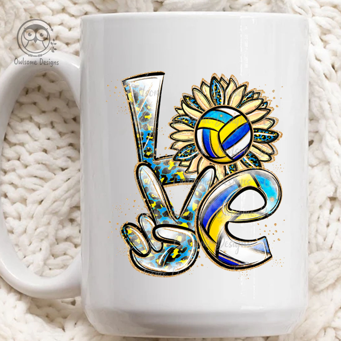 Image of a white cup with an irresistible inscription Love with elements of volleyball.